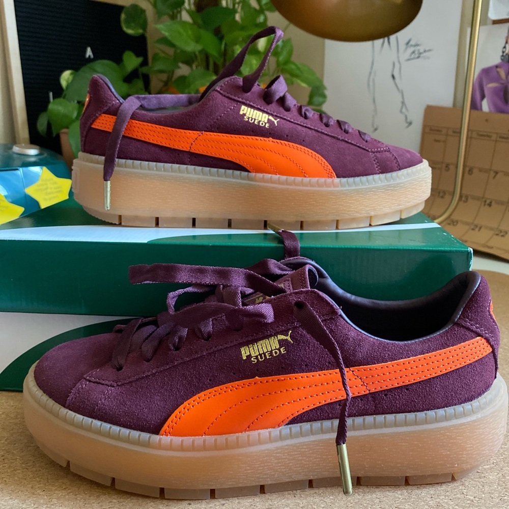 Puma Suede Maroon and Orange Platform Sneakers
